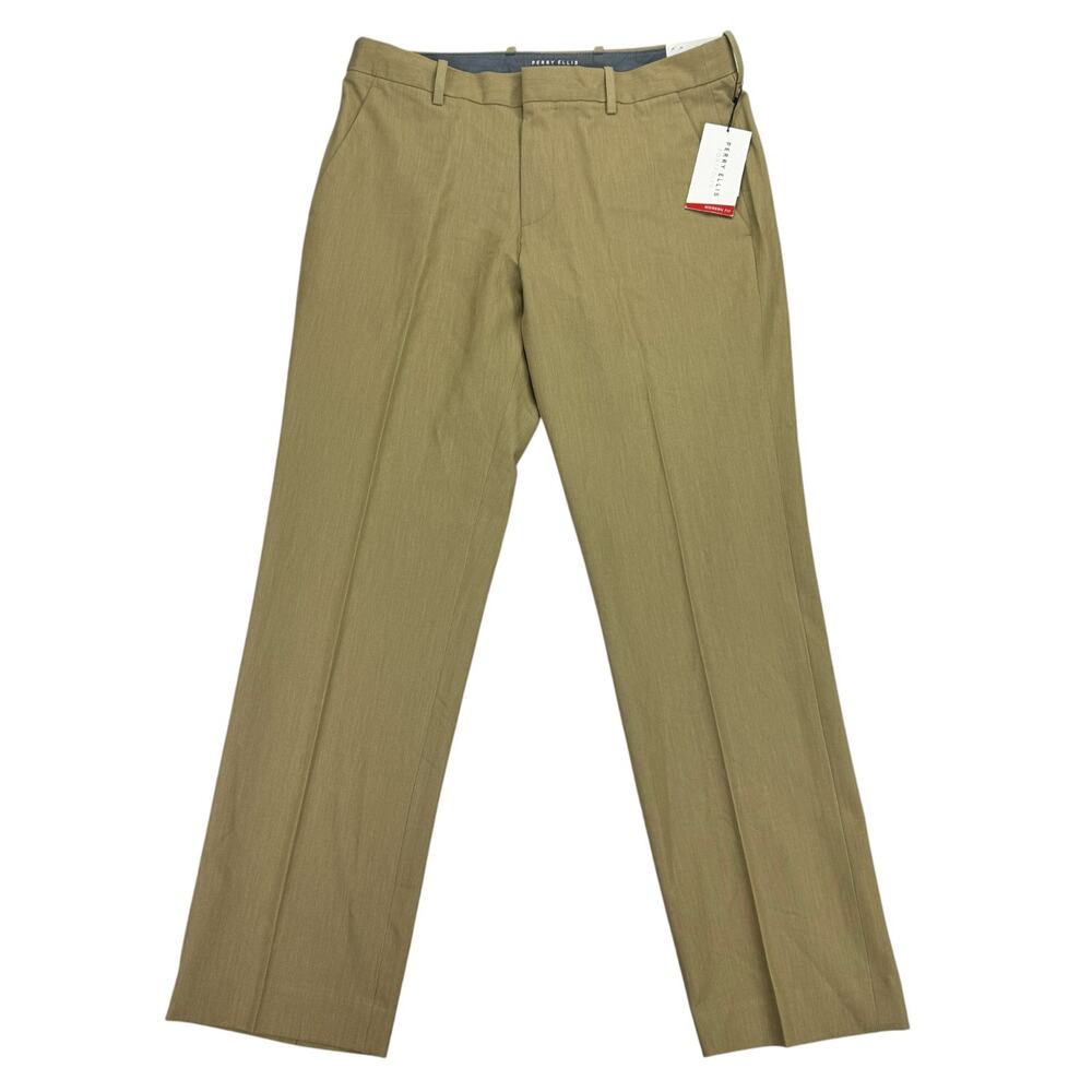 Perry Ellis Mens Modern Fit Stretch Solid Resolution Dress Pants Tan Brown 30x30